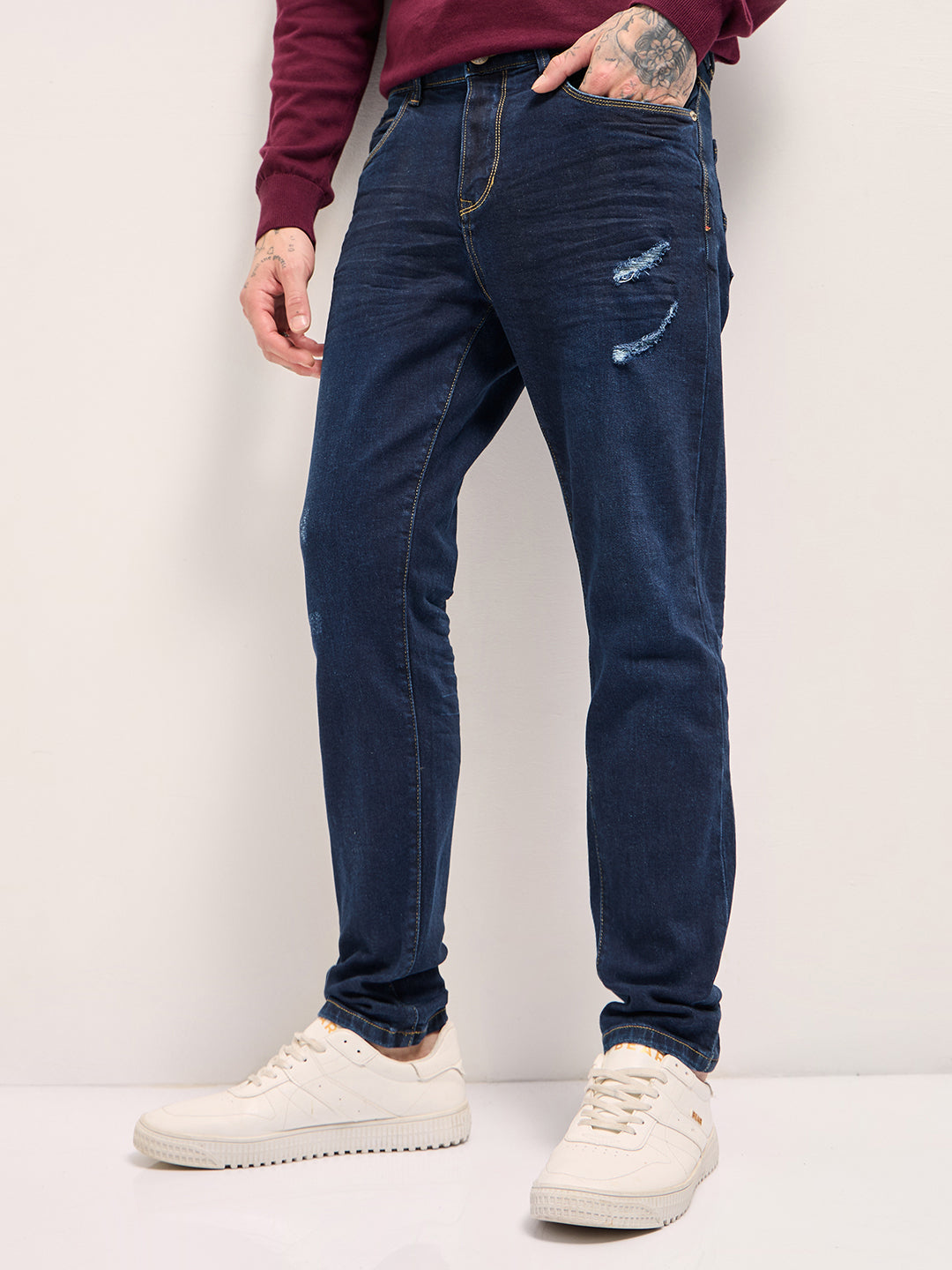 Men Dark Blue distressing and rip Mid-Rise Slim Fit Jeans