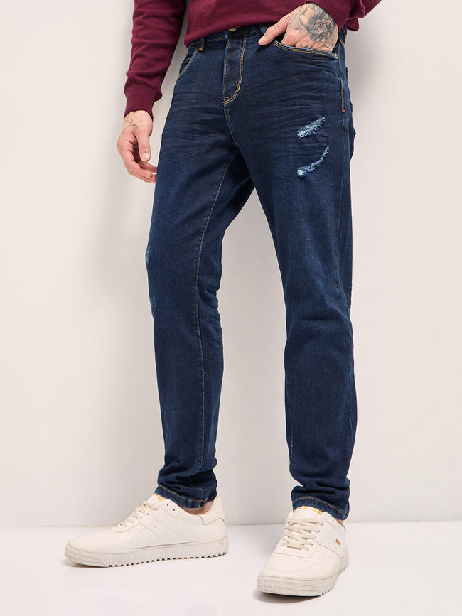 Men Dark Blue distressing and rip Mid-Rise Slim Fit Jeans