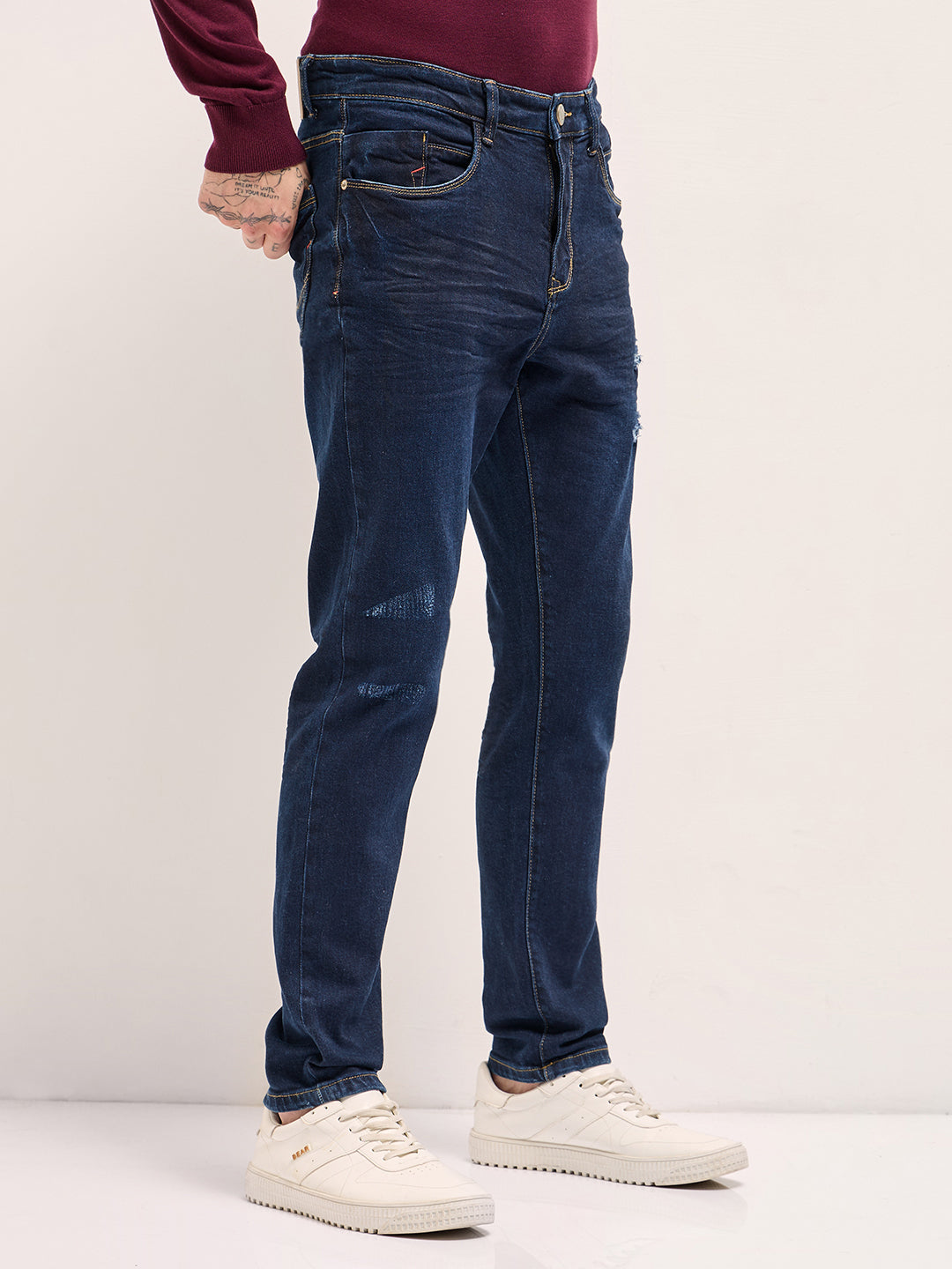 Men Dark Blue distressing and rip Mid-Rise Slim Fit Jeans – FYVA