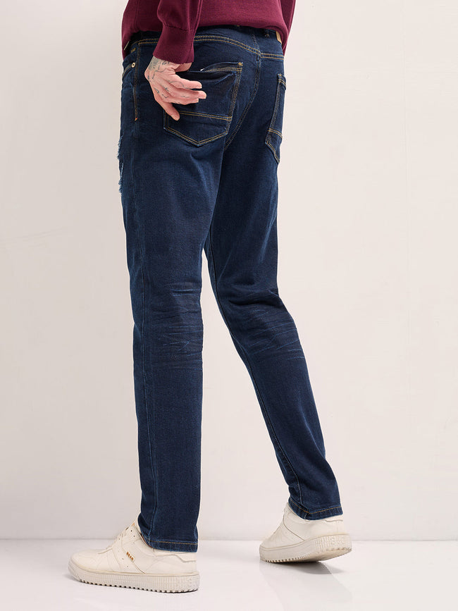 Men Dark Blue distressing and rip Mid-Rise Slim Fit Jeans