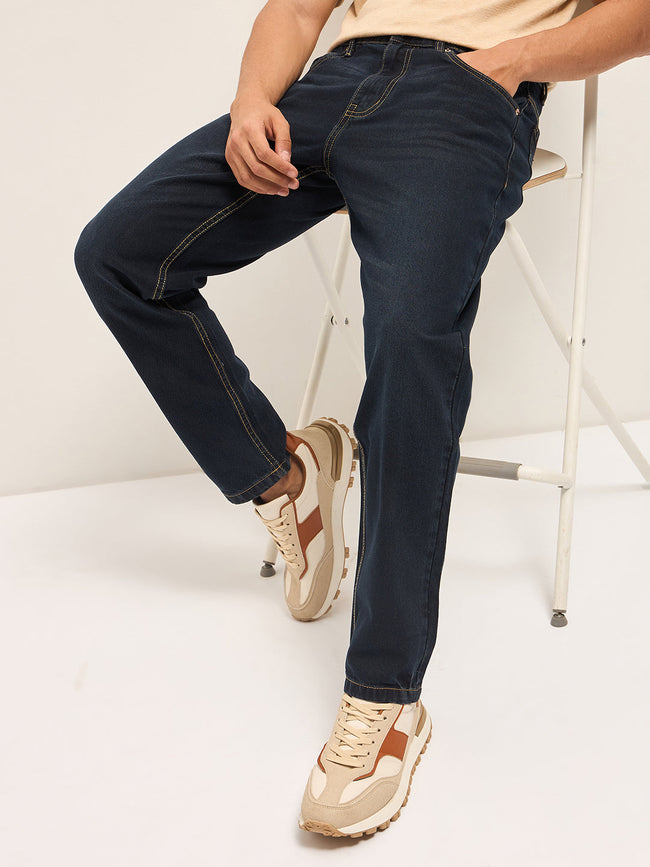 Men Dark BlueMid Fade Mid-Rise Baggy Fit Cargo Jeans