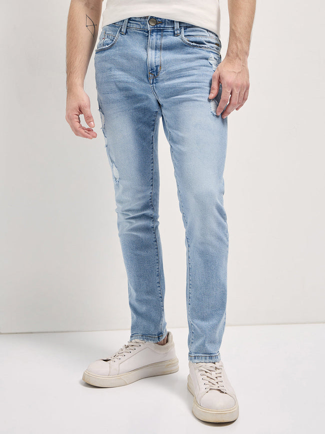 Men Light BlueLight Fade Distressed Patch Mid-Rise Relaxed Fit Jeans
