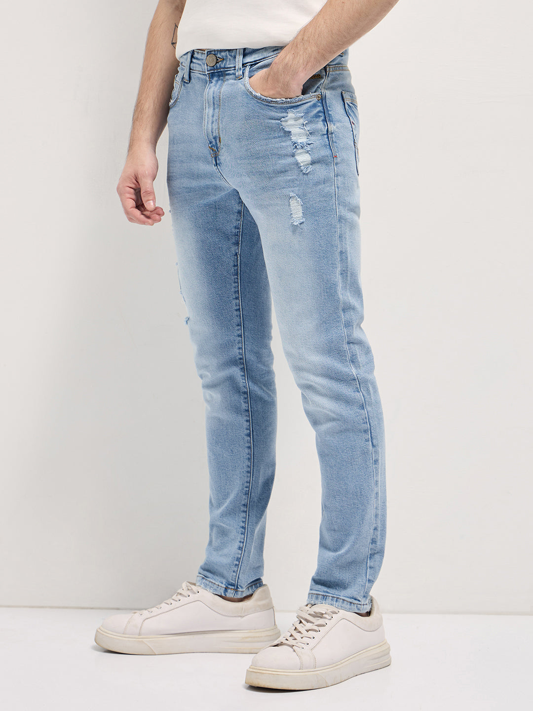 Men Light BlueLight Fade Distressed Patch Mid-Rise Relaxed Fit Jeans