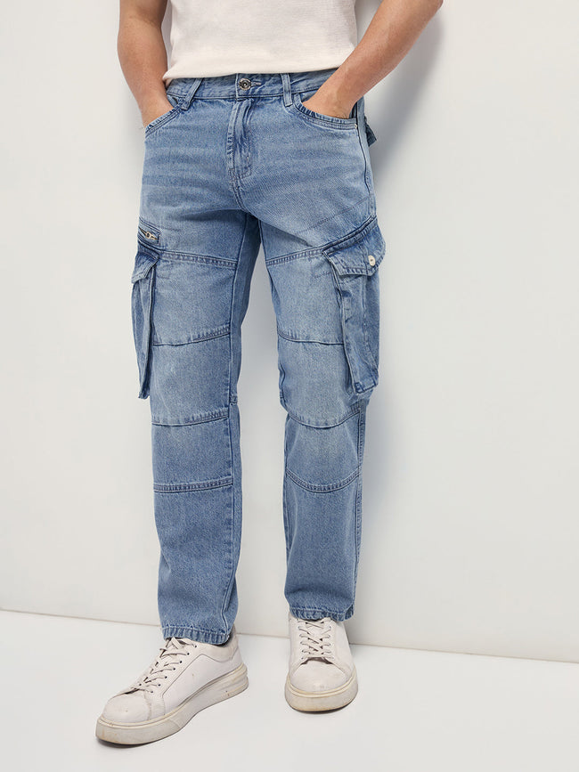 Men Light Blue Mid-Rise Straight Fit Cargo Jeans