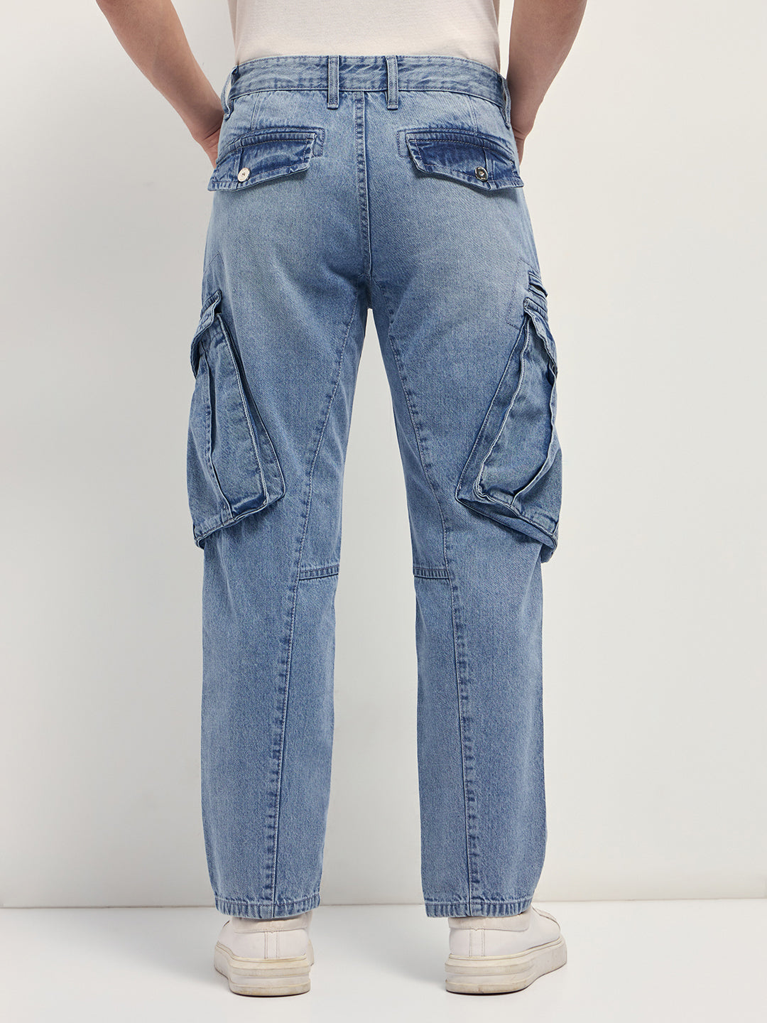 Men Light Blue Mid-Rise Straight Fit Cargo Jeans