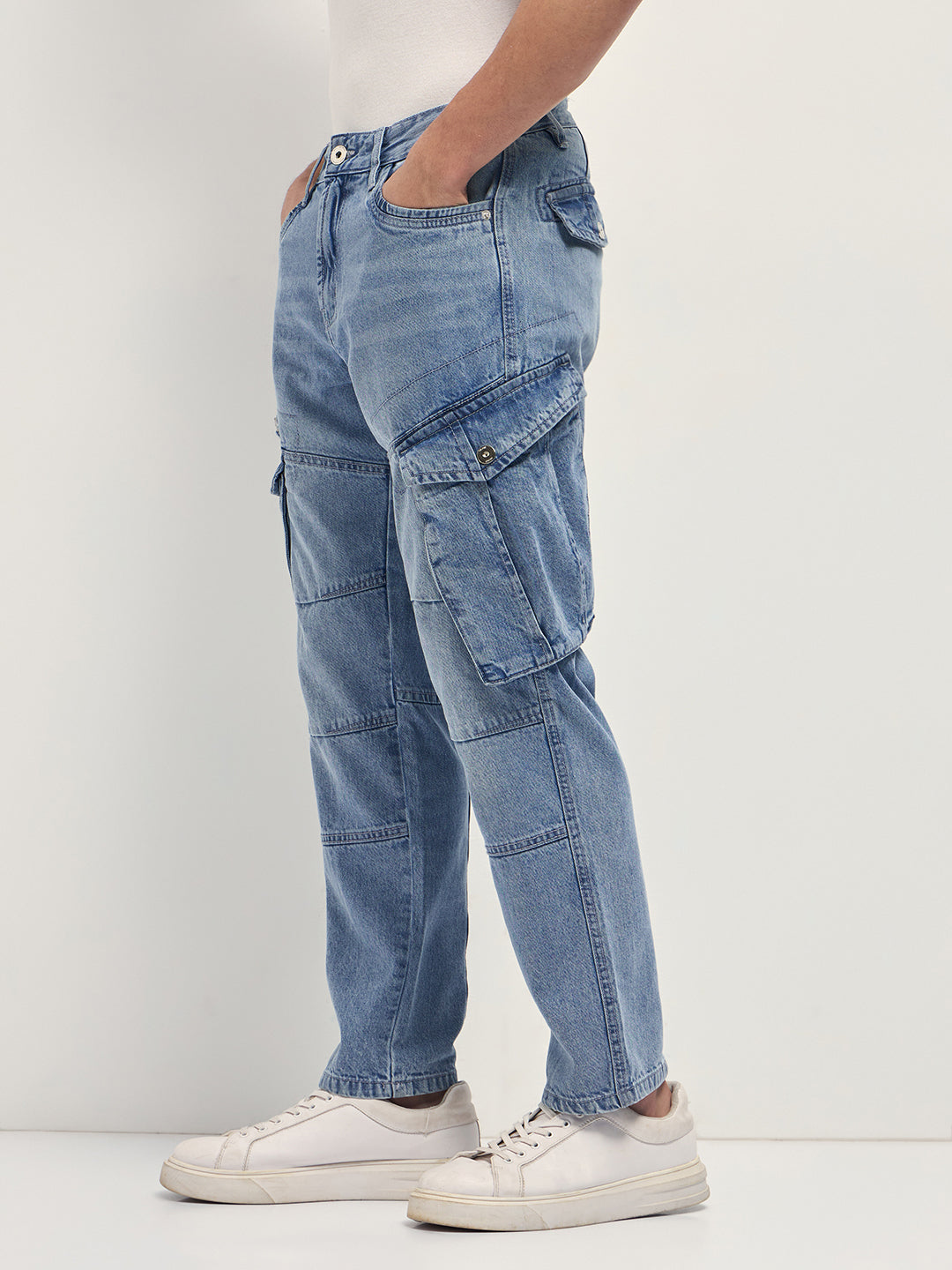 Men Light Blue Mid-Rise Straight Fit Cargo Jeans