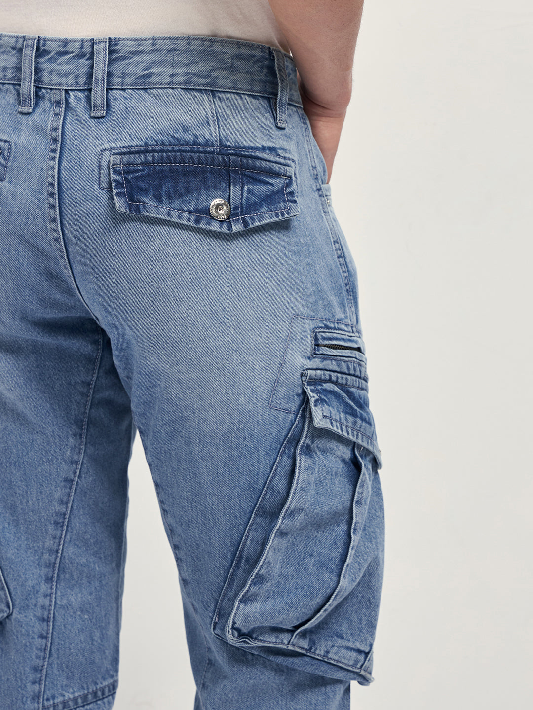 Men Light Blue Mid-Rise Straight Fit Cargo Jeans
