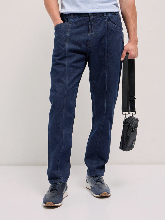 Men Dark Blue Mid-Rise Elasticated Waist Relaxed Fit Jeans