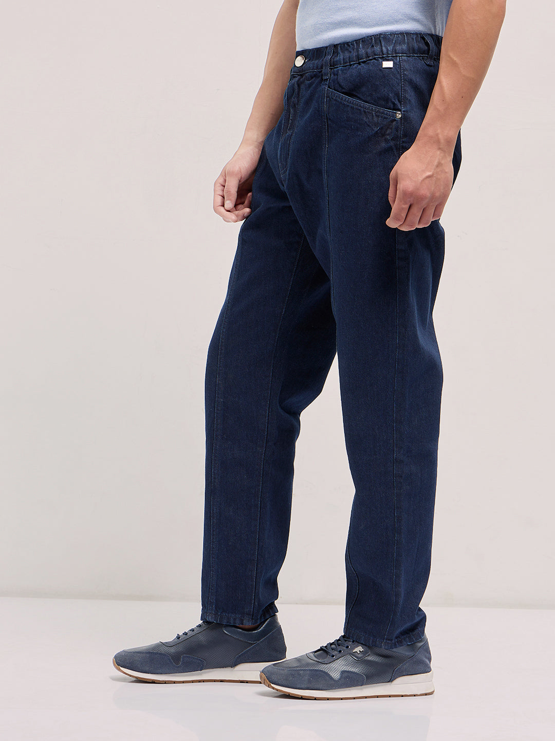 Men Dark Blue Mid-Rise Elasticated Waist Relaxed Fit Jeans
