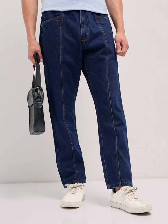 Men Dark Blue Mid-Rise Elasticated Waist Relaxed Fit Jeans
