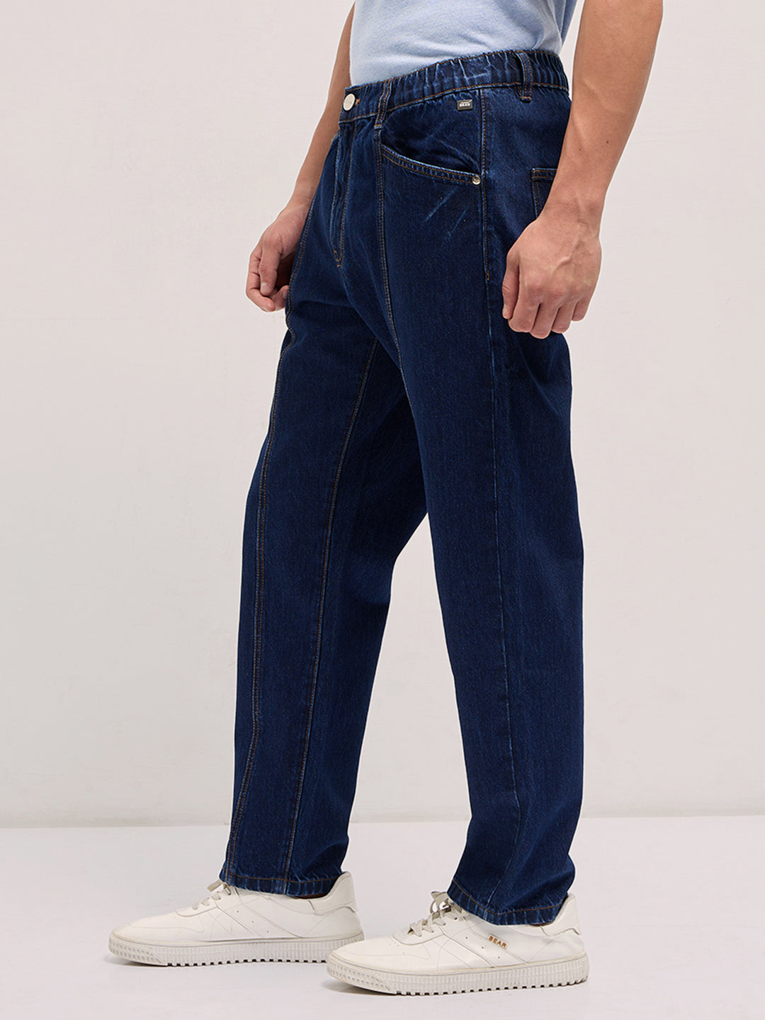 Men Dark Blue Mid-Rise Elasticated Waist Relaxed Fit Jeans