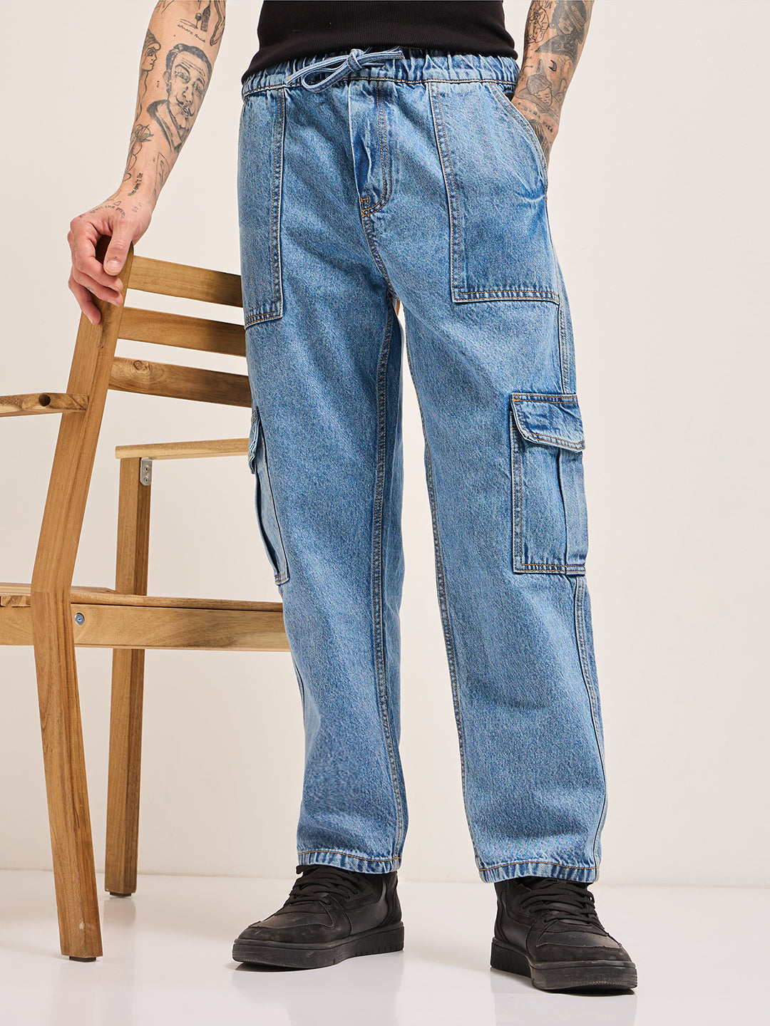 Men BlueMid Fade Mid-Rise Baggy Fit Cargo Jeans