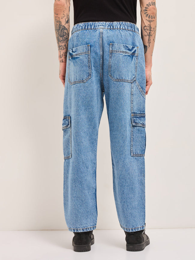 Men BlueMid Fade Mid-Rise Baggy Fit Cargo Jeans