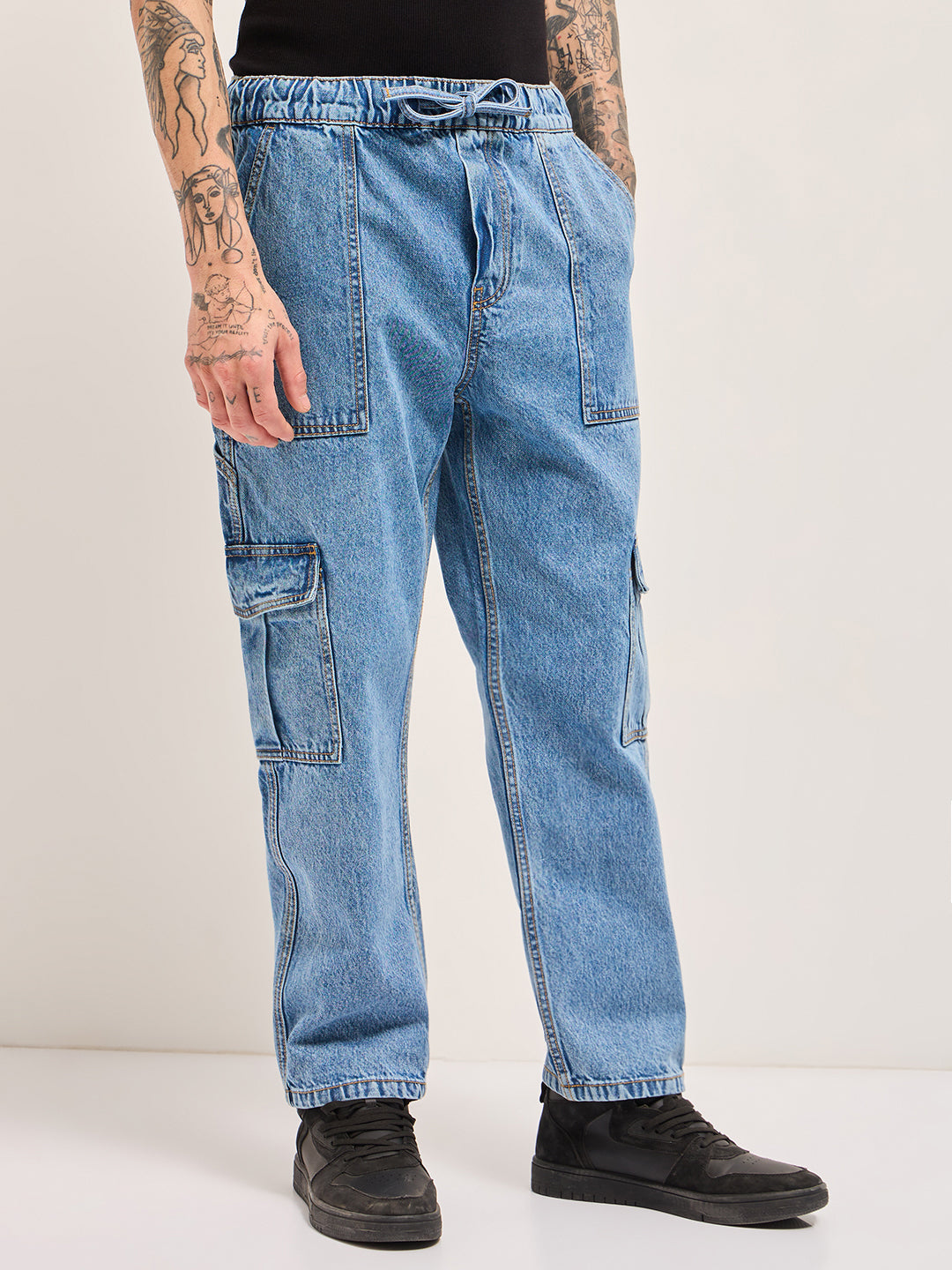 Men BlueMid Fade Mid-Rise Baggy Fit Cargo Jeans