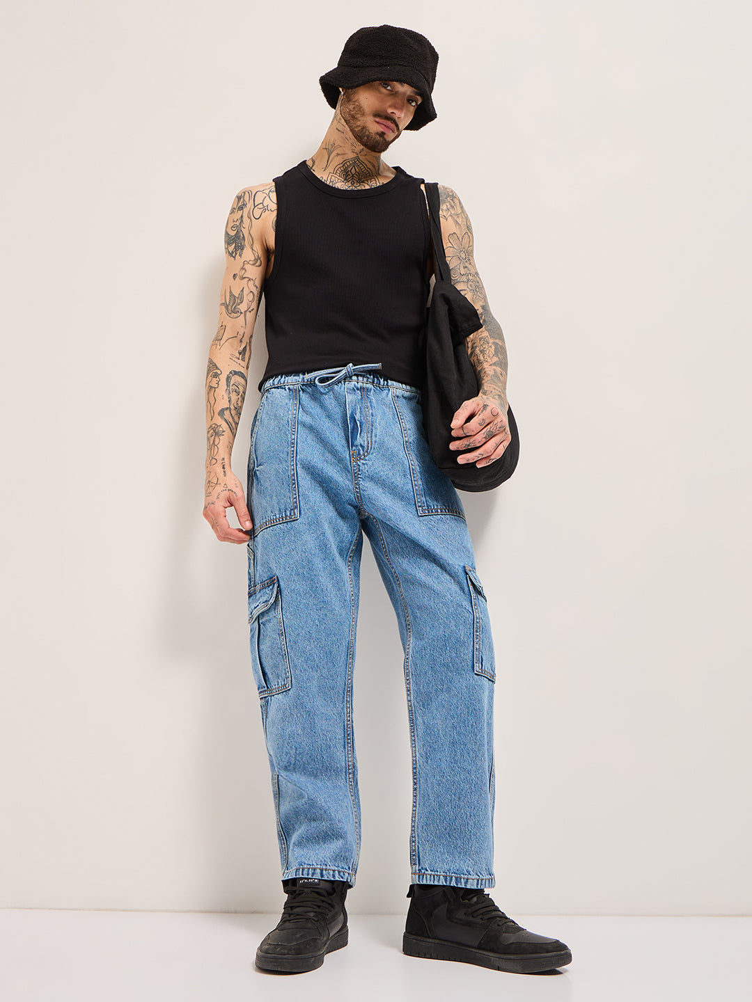 Men BlueMid Fade Mid-Rise Baggy Fit Cargo Jeans