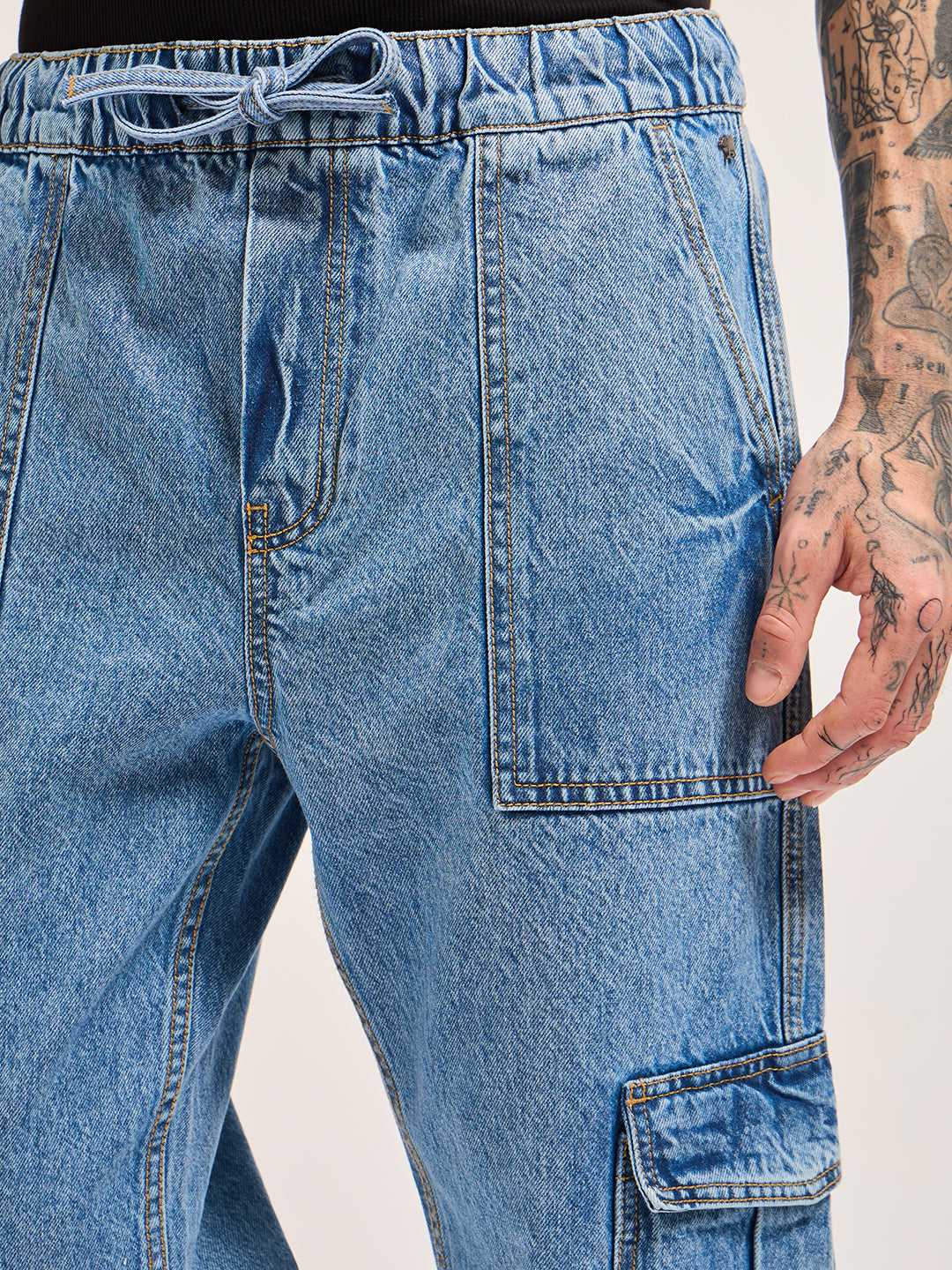 Men BlueMid Fade Mid-Rise Baggy Fit Cargo Jeans