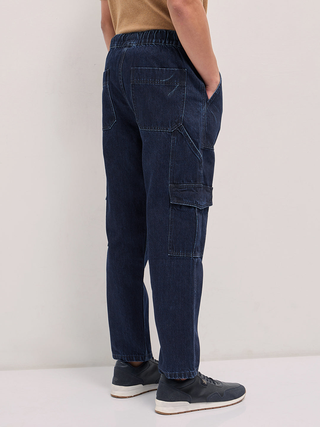 Men Blue Mid-Rise Elasticated Waist Baggy Fit Cargo Jeans