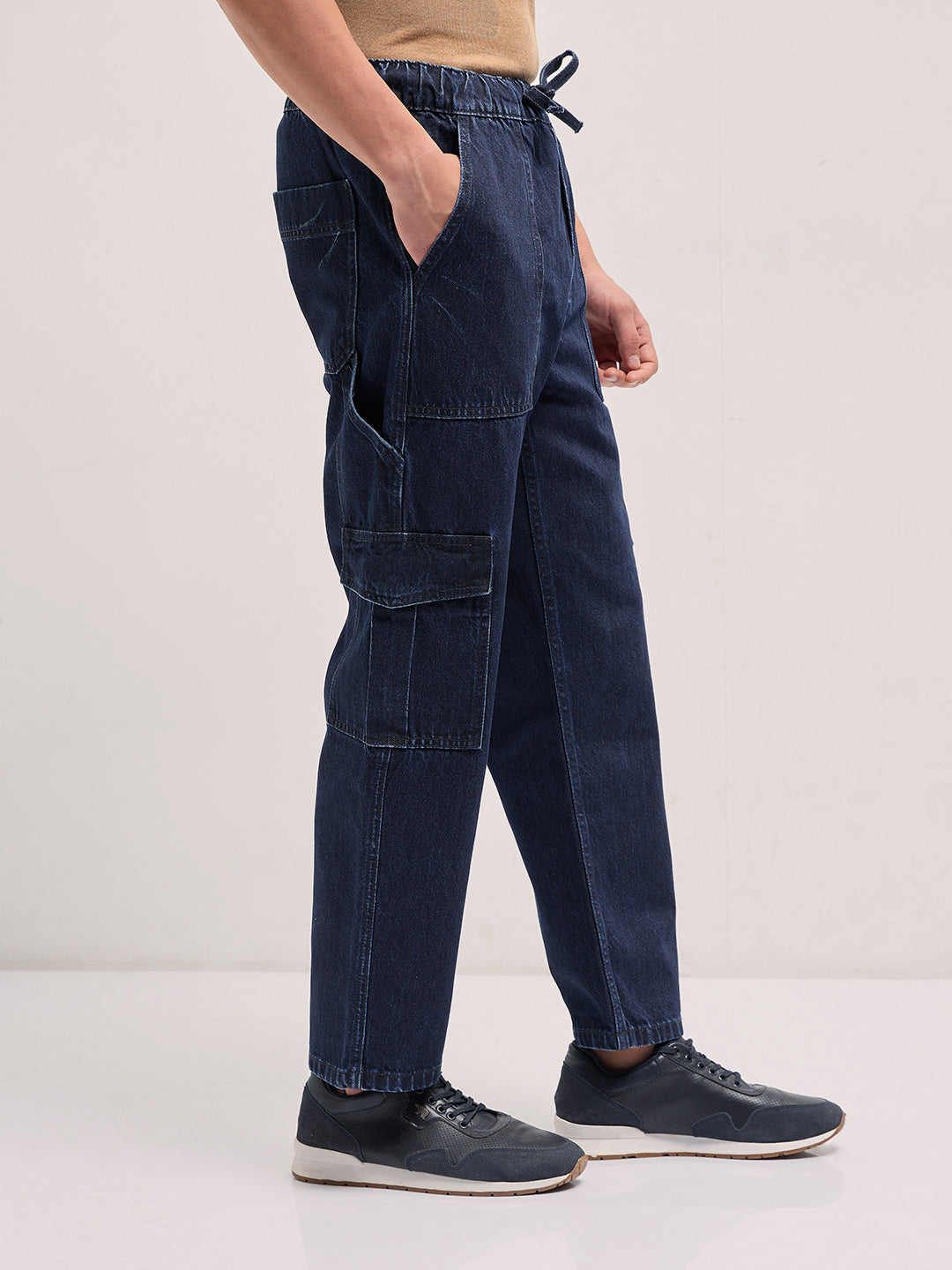 Men Blue Mid-Rise Elasticated Waist Baggy Fit Cargo Jeans