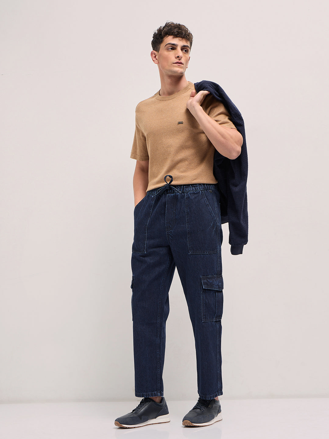 Men Blue Mid-Rise Elasticated Waist Baggy Fit Cargo Jeans