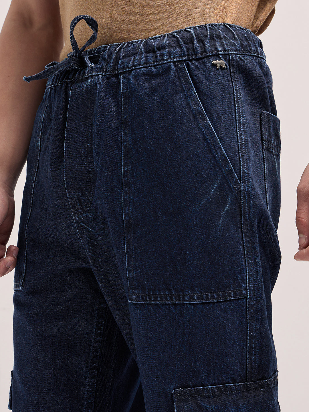 Men Blue Mid-Rise Elasticated Waist Baggy Fit Cargo Jeans