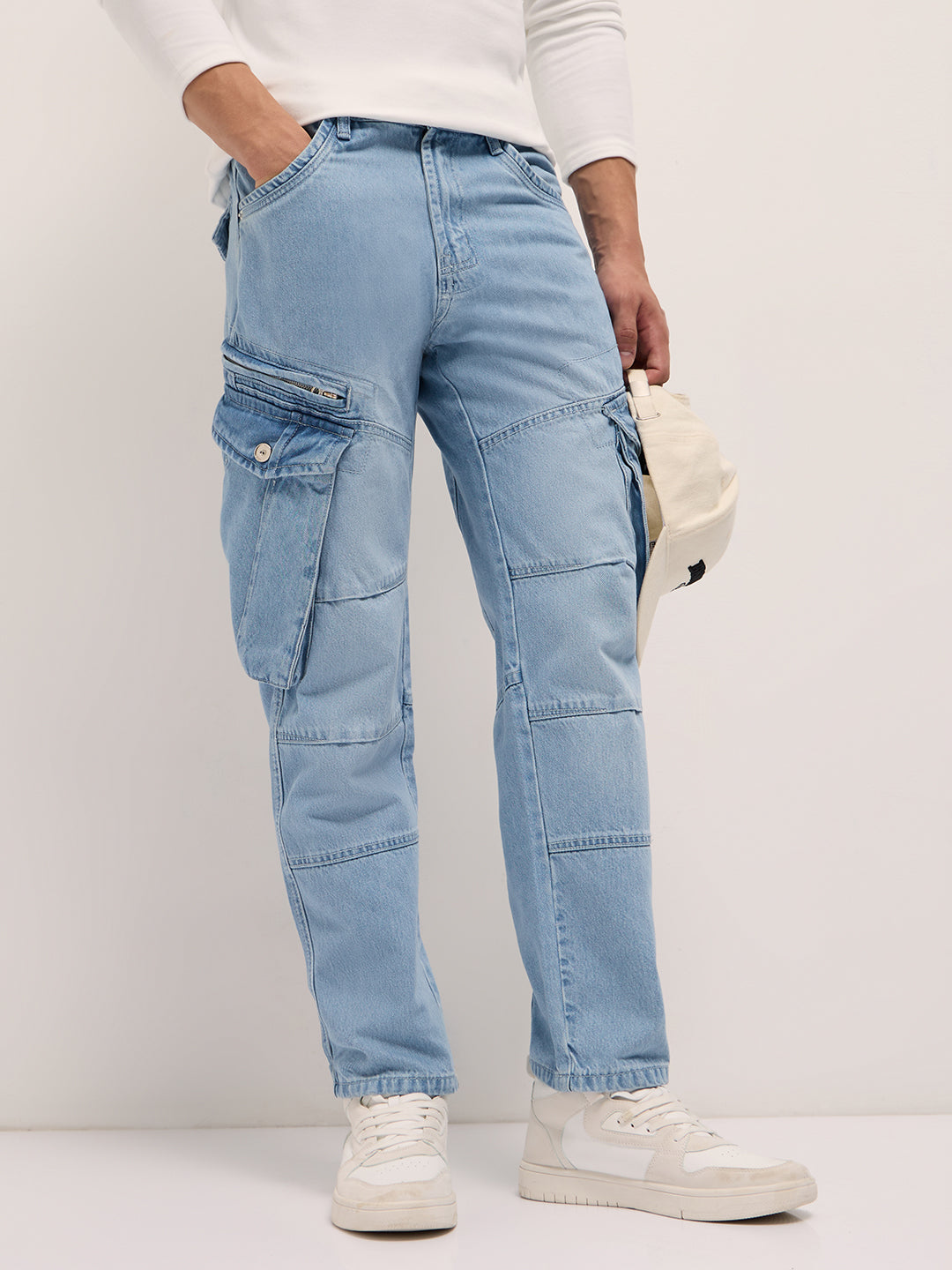 Men Light Blue Mid-Rise Straight Fit Cargo Jeans