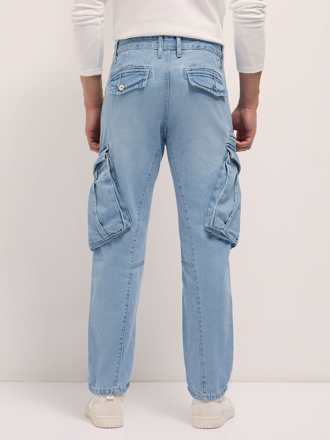 Men Light Blue Mid-Rise Straight Fit Cargo Jeans