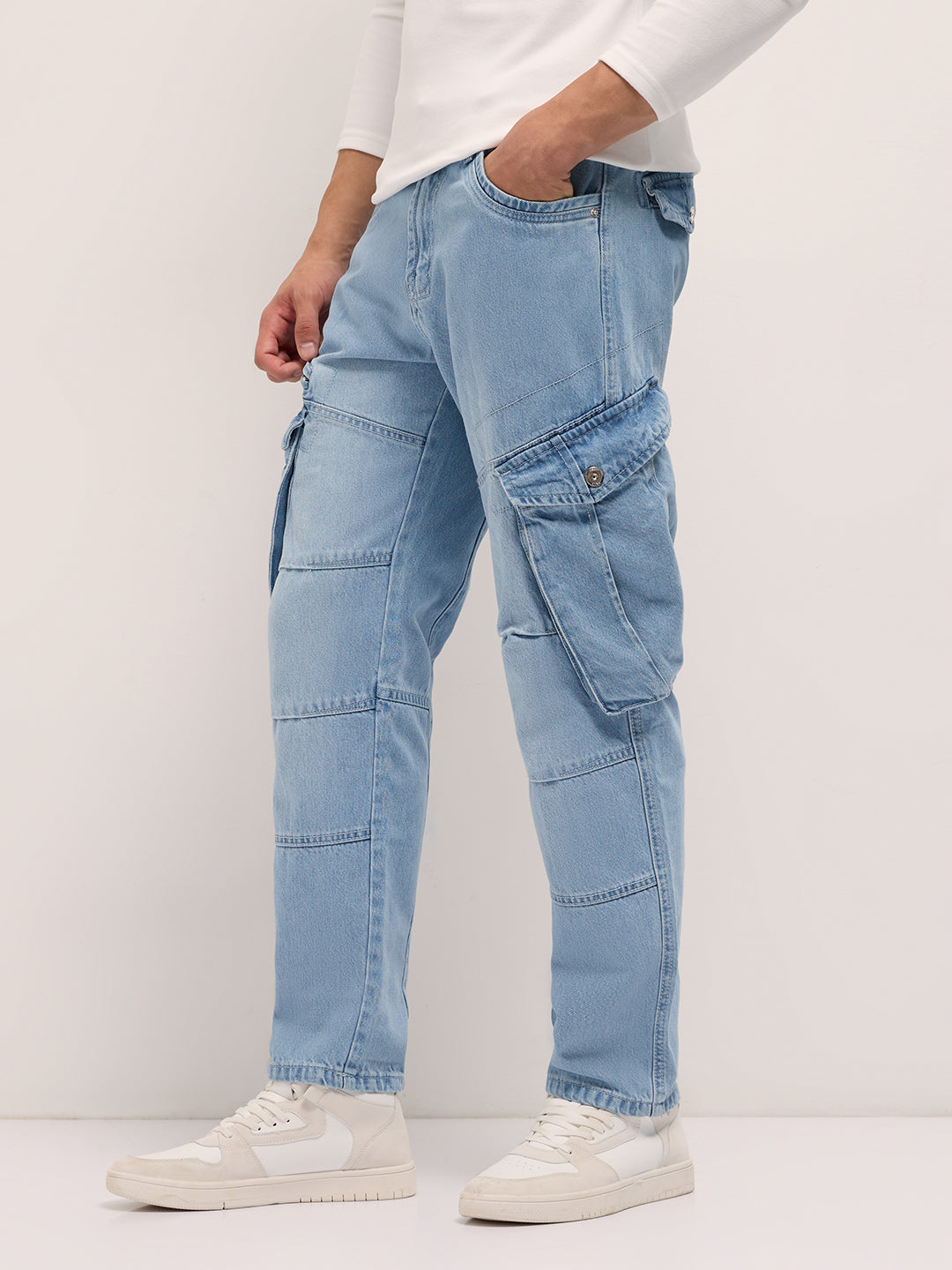 Men Light Blue Mid-Rise Straight Fit Cargo Jeans