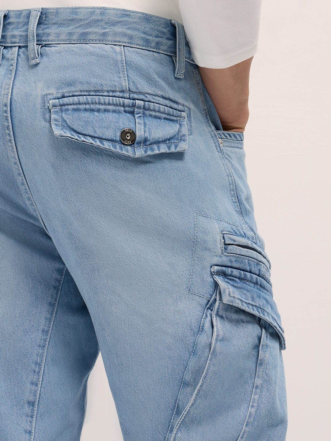 Men Light Blue Mid-Rise Straight Fit Cargo Jeans