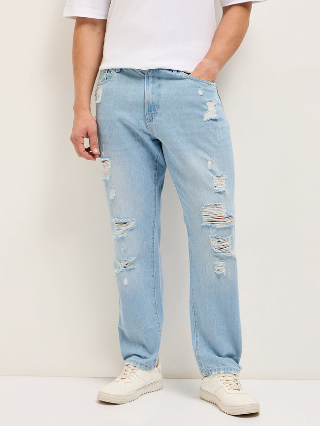 Men Light BlueLight Fade High Distressed Mid-Rise Relaxed Fit Jeans