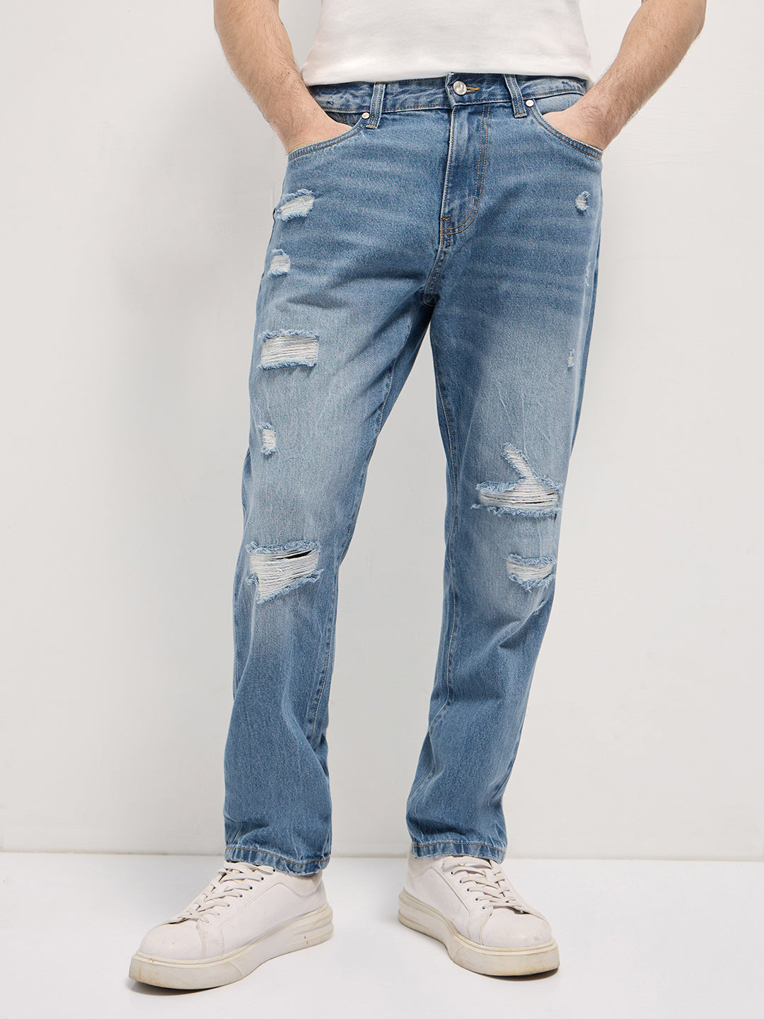 Men Light BlueLight Fade High Distressed Mid-Rise Relaxed Fit Jeans