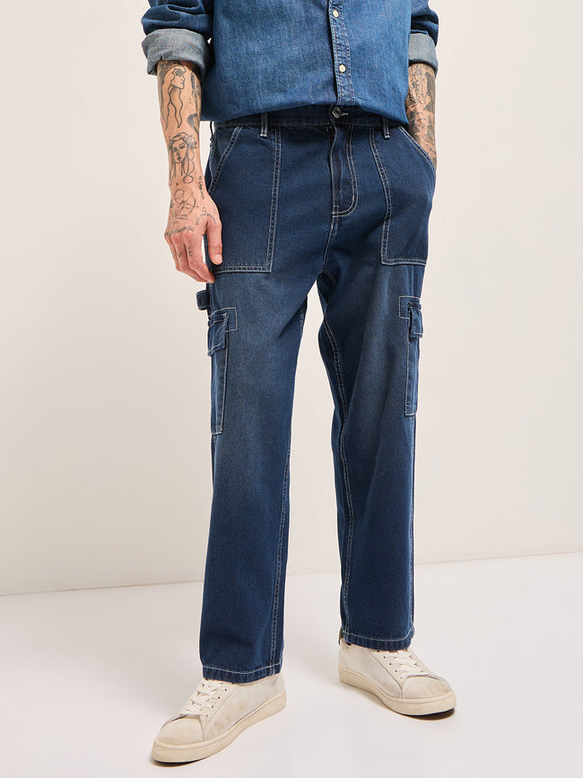 Men Dark BlueMid Fade Mid-Rise Elasticated Waist Baggy Fit Cargo Jeans