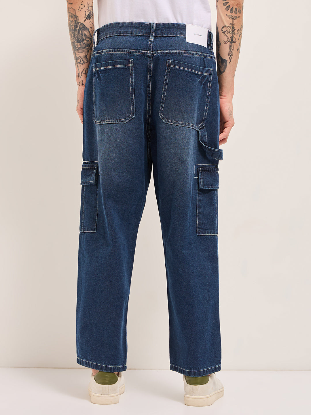 Men Dark BlueMid Fade Mid-Rise Elasticated Waist Baggy Fit Cargo Jeans