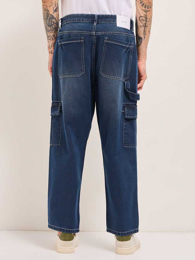 Men Dark BlueMid Fade Mid-Rise Elasticated Waist Baggy Fit Cargo Jeans
