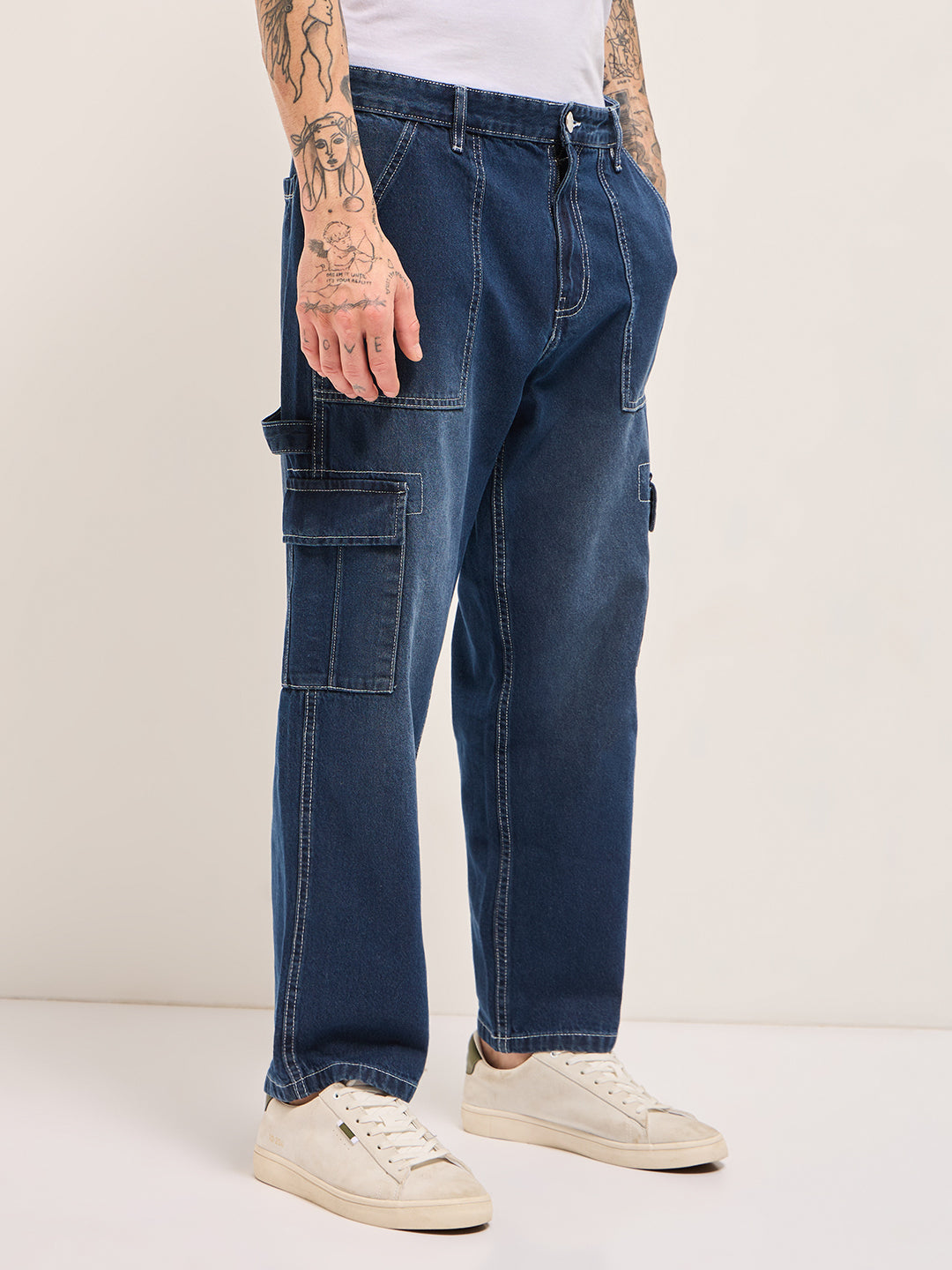 Men Dark BlueMid Fade Mid-Rise Elasticated Waist Baggy Fit Cargo Jeans