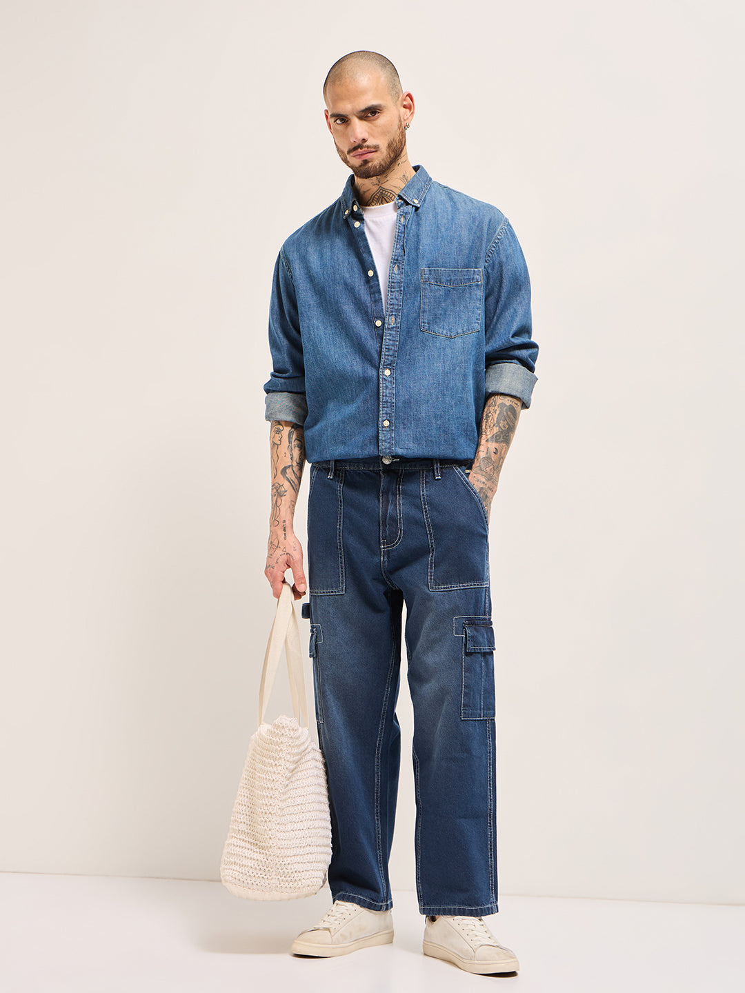 Men Dark BlueMid Fade Mid-Rise Elasticated Waist Baggy Fit Cargo Jeans