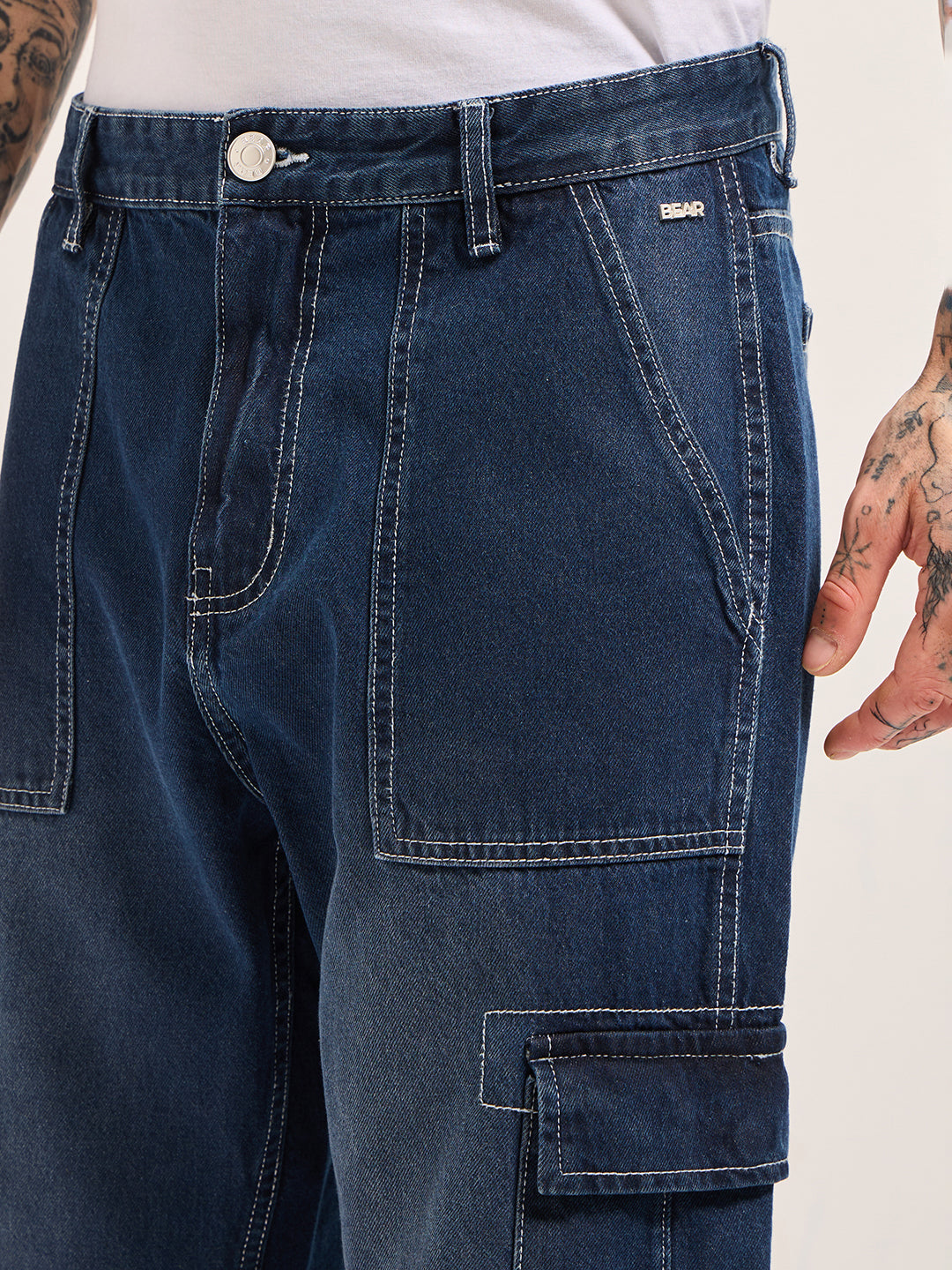 Men Dark BlueMid Fade Mid-Rise Elasticated Waist Baggy Fit Cargo Jeans