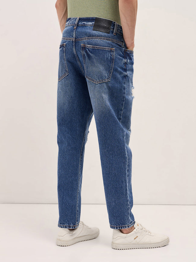 Men Mid BlueLight Fade High Distressed Mid-Rise Relaxed Fit Jeans