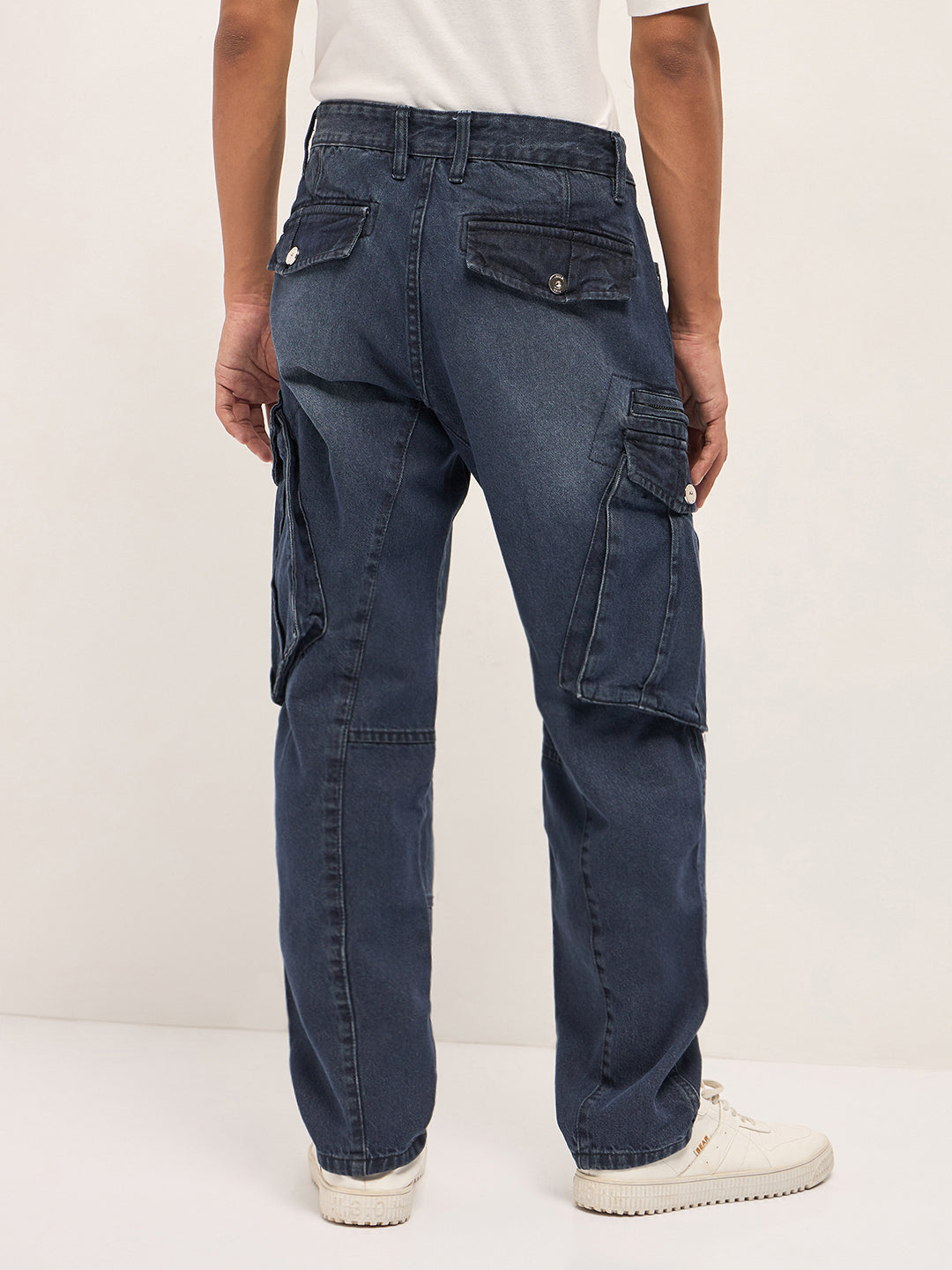 Men Mid Blue Faded Straight Fit Cargo Denim