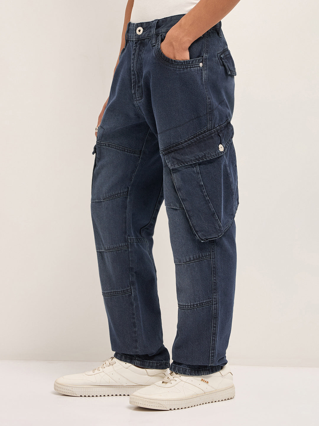 Men Mid Blue Faded Straight Fit Cargo Denim
