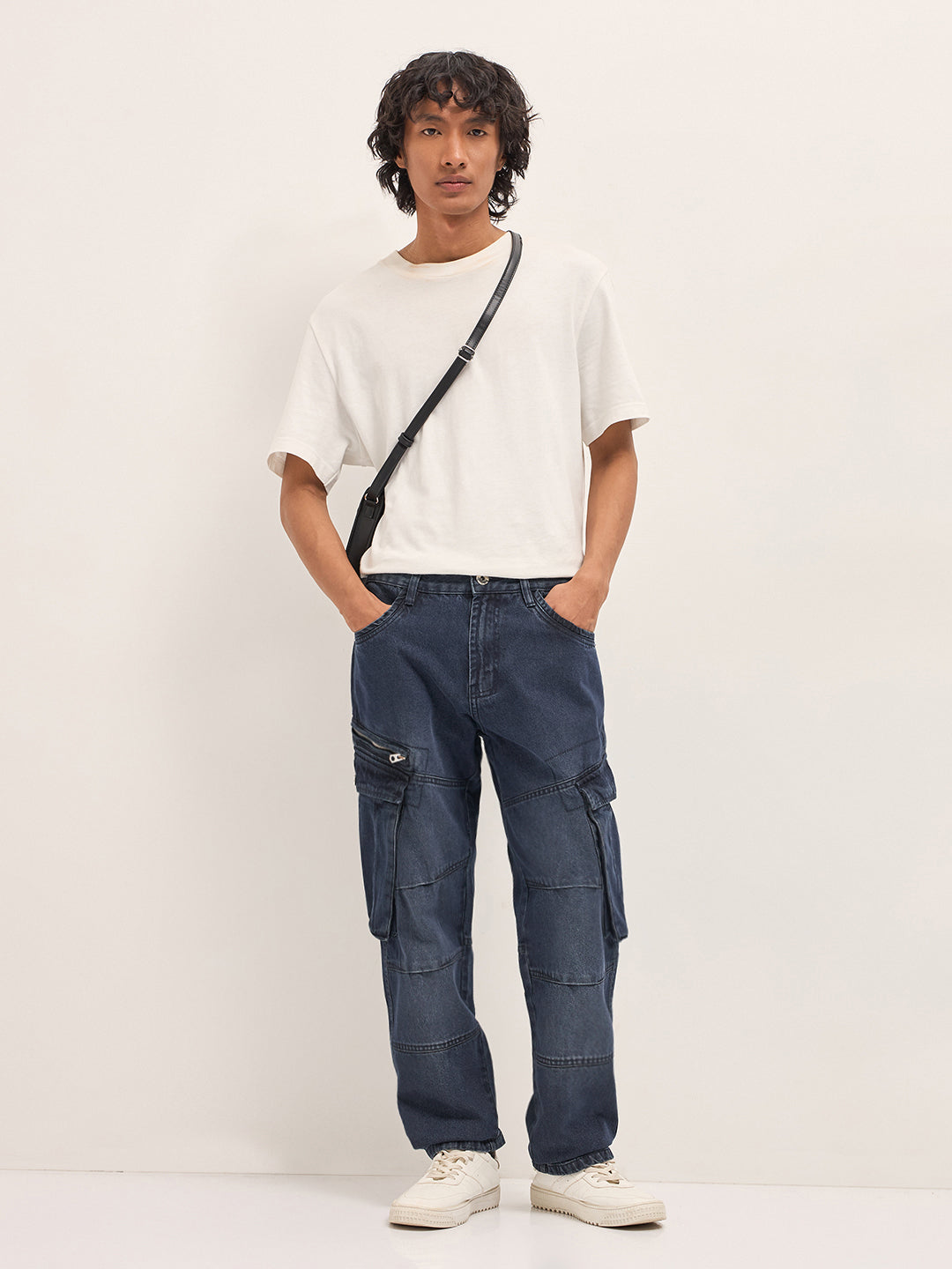 Men Mid Blue Faded Straight Fit Cargo Denim
