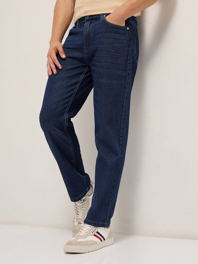 Men Mid Blue Solid Mid-Rise Straight Fit Jeans