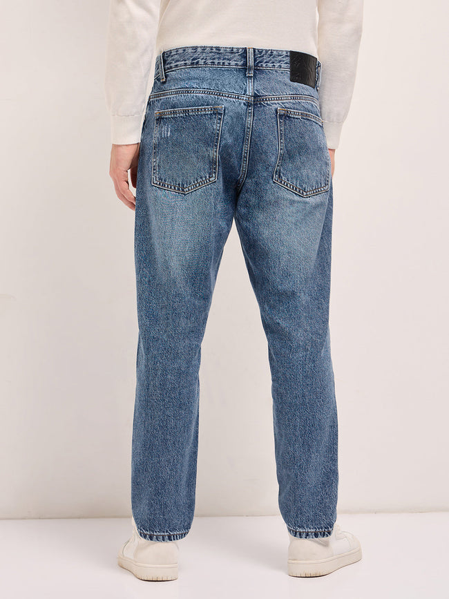 Men Light BlueLight Fade Distressed Mid-Rise Relaxed Fit Jeans