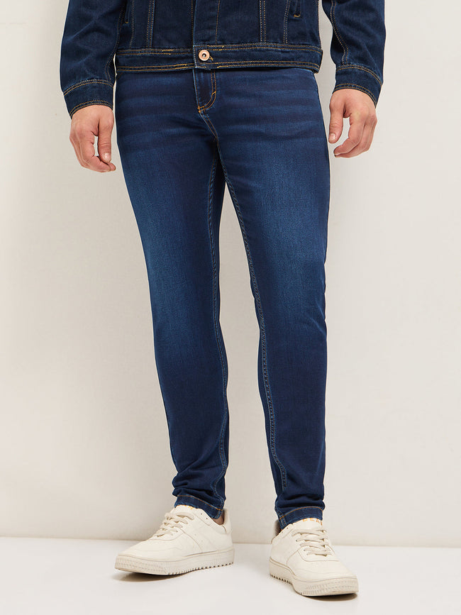 Men Dark BlueMid Fade Mid-Rise Slim Fit Jeans
