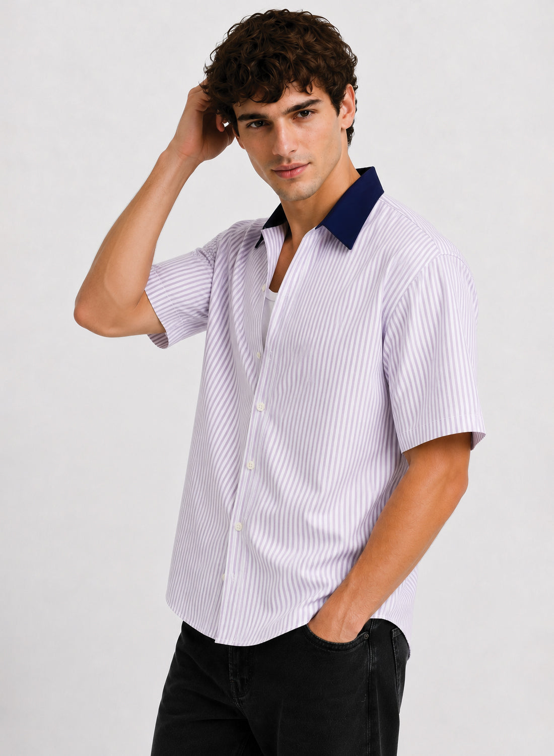 Men Lavender Striped Casual Shirt