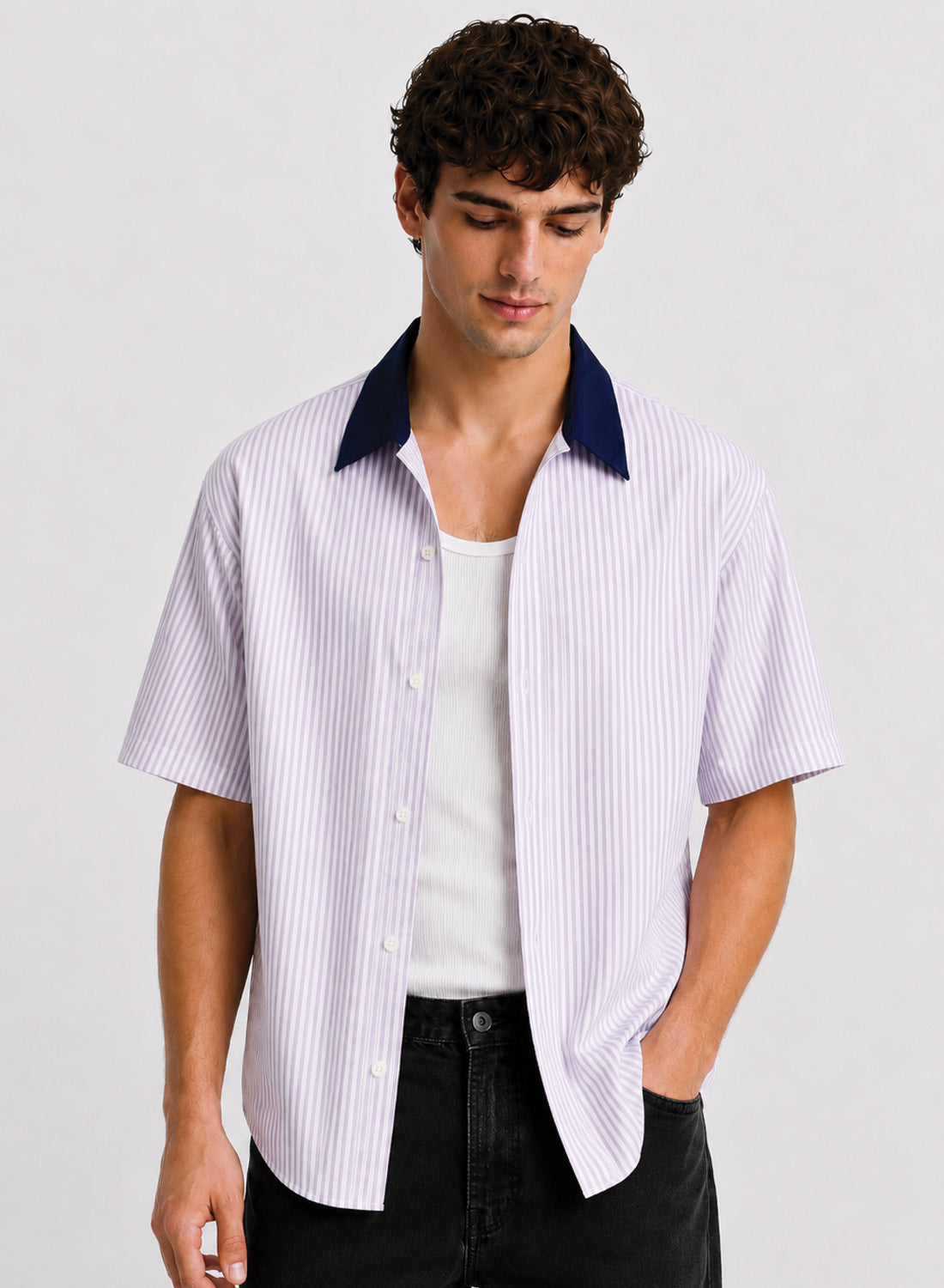 Men Lavender Striped Casual Shirt