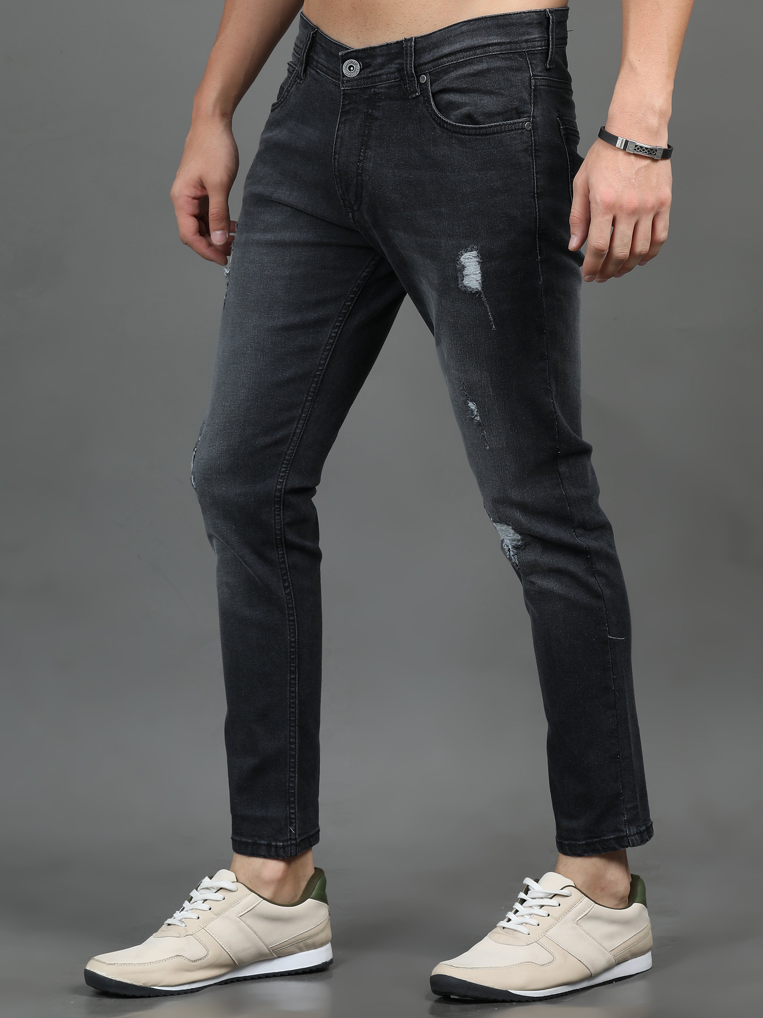 Men Frayed Charcoal Jeans