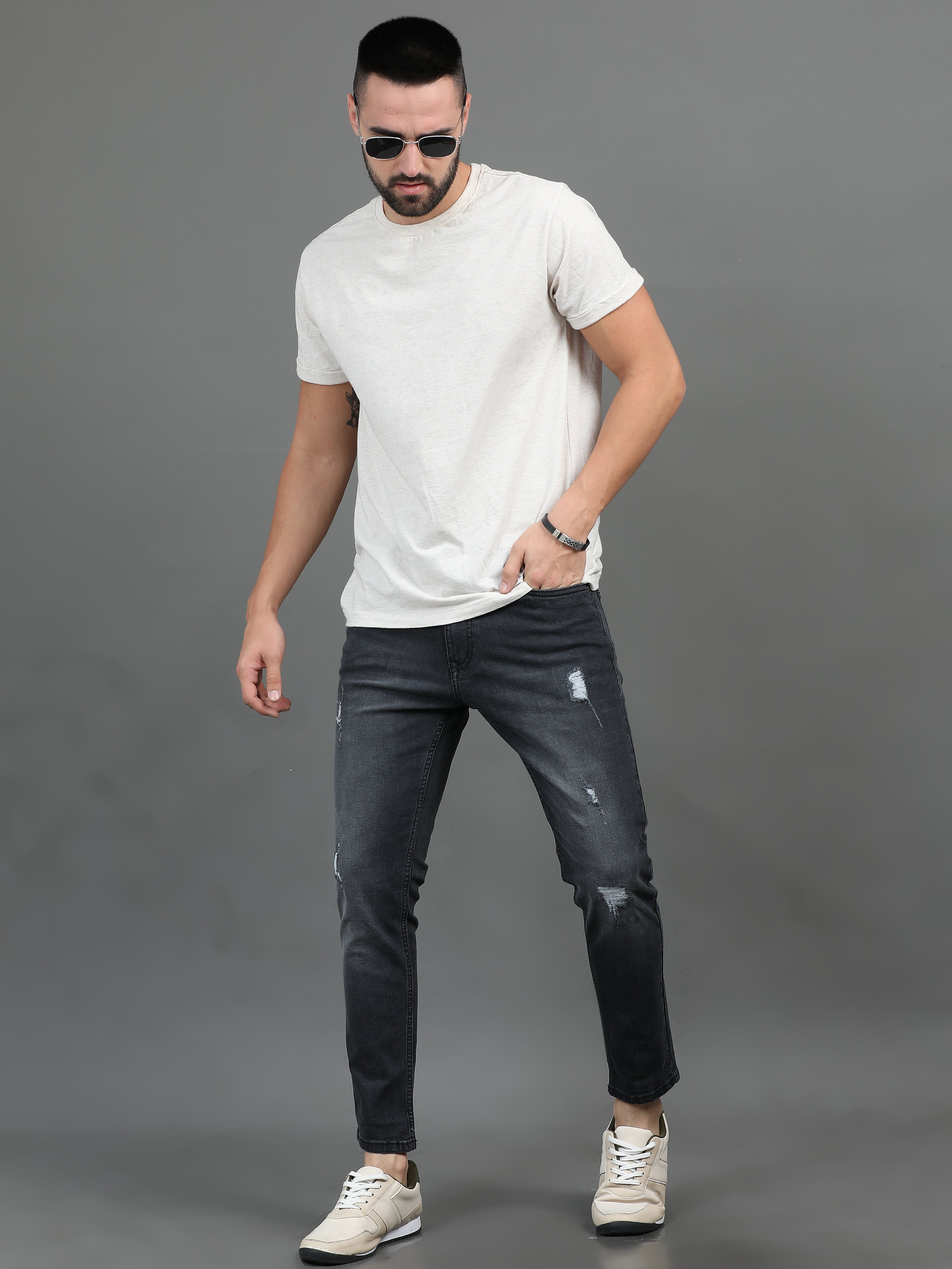 Men Frayed Charcoal Jeans