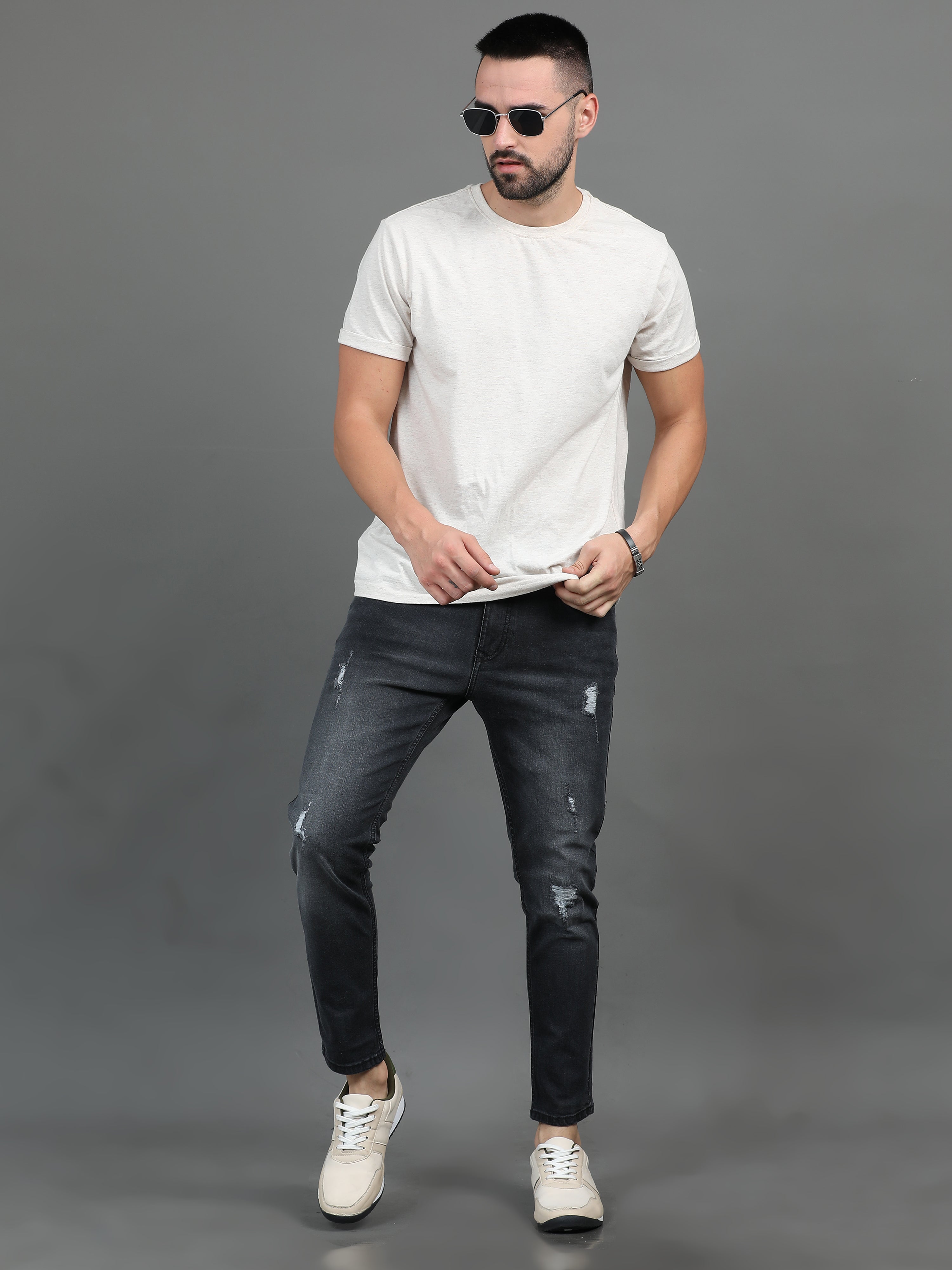 Men Frayed Charcoal Jeans