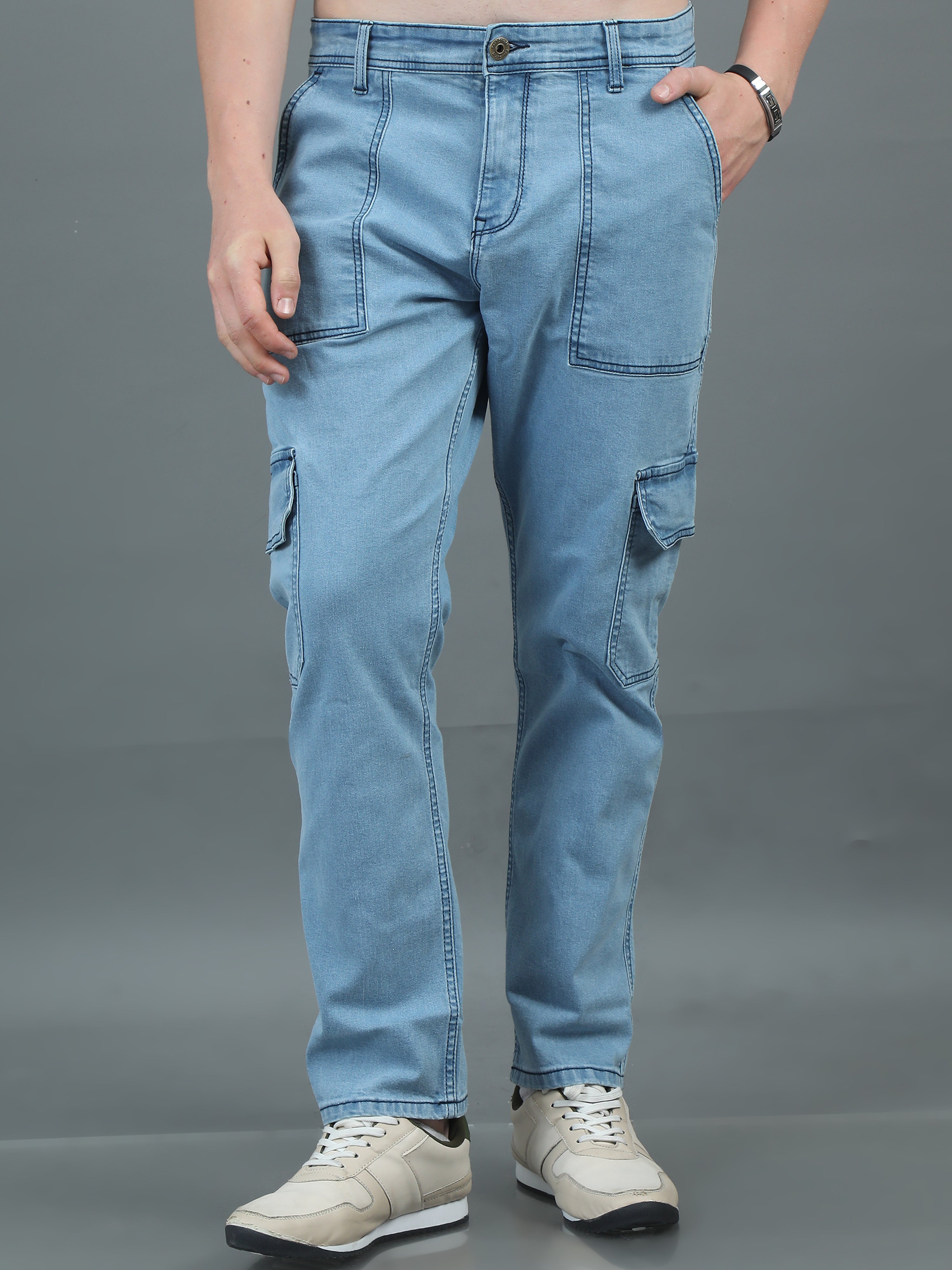Men Relaxed Fit Light Blue Cargo Jeans