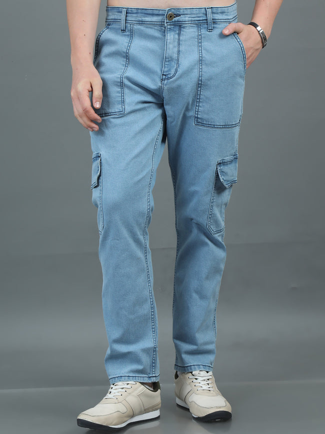 Men Relaxed Fit Light Blue Cargo Jeans